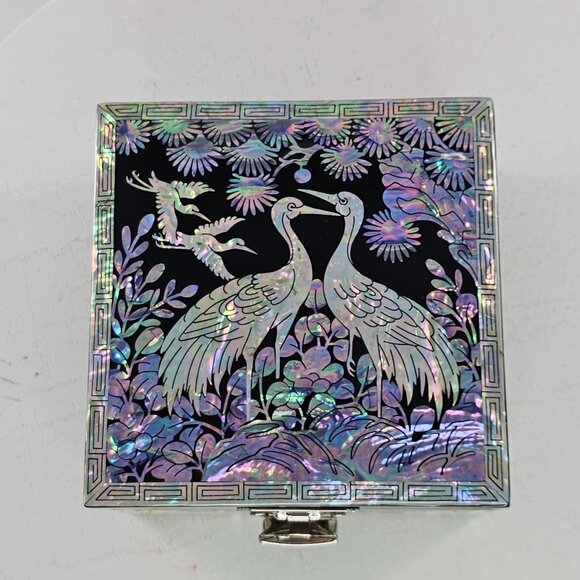 Mother Of Pearl February Mountain Crane Miniature Jewelry Box - Picture 2 of 11